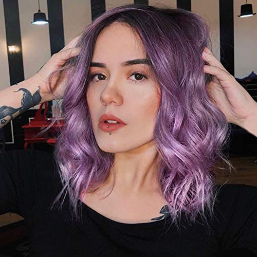 Stamped Glorious Wavy Short Wig Middle Part Shoulder Length Short Wavy Bob Wigs for Women Synthetic Natural Looking Heat Resistant Fiber Hair (Ombre Purple)