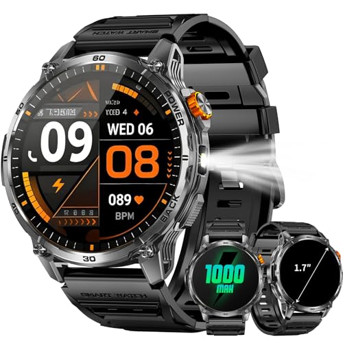 PODOEIL Reloj inteligente militar para hombre, pantalla táctil HD de 1.7 pulgadas, llamadas Bluetooth, batería de 1000 mAh, frecuencia cardíaca/SpO2/presión arterial, más de 110 modos deportivos