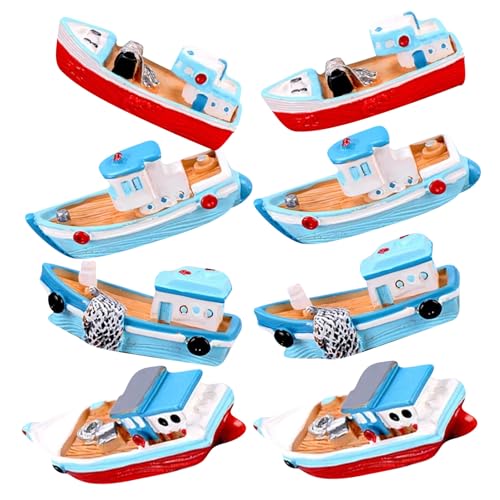 Alipis Adorno de Barco Pesquero de Resina Estilo Mediterráneo, Set de 8 Piezas Miniatura, Decoración Náutica para Casa de Muñecas y Jardín, Accesorio Decorativo Color Aleatorio