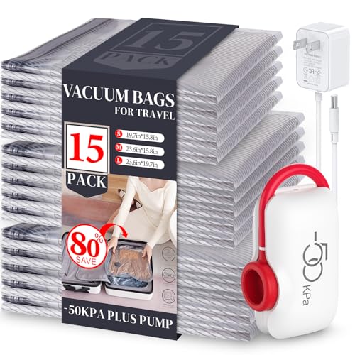 VMstr 15 Pack Travel Vacuum Storage Bags With High Pressure Electric Pump(DC Power), Compression Sealing for Clothes and Clothing Luggage Suitcase Packing, Carry-on Travel Size