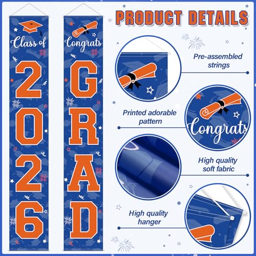 Image of Graduation Party Decorations Class of 2026, Graduation Decorations with Congrats Grad Banner Fringe Foil Curtain Paper Flower Ball Balloons for High School College Grad Party Supplies, Blue Orange