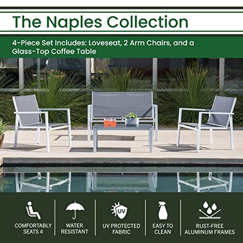 Hanover 4-Piece Naples Outdoor Conversation Modern Patio Furniture Set With Glass-Top Coffee Table, Loveseat, And 2 Arm Chairs | Durable, Rust-Proof, And Uv-Resistant | Naples4Pc-Wg, White/Gray #TOP3