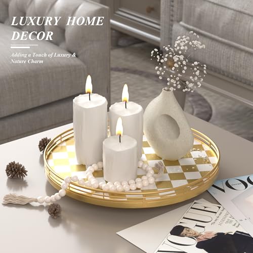 Image of Premium Rubber Wood Lazy Susan Turntable, Gold White Checkerboard Decorative Serving Tray, Hand-Welded Metal Railing, Stable Rotating Organizer for Dining Table, Kitchen Counter, Coffee Table Decor