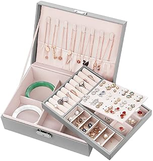 Jewellery Box for Women, Mamowla Jewellery Boxes 2 layers Jewelry Storage Organiser for Necklace Earrings Bracelets Rings, Large PU Leather Jewelry Storage Case for Girls and Women, Grey