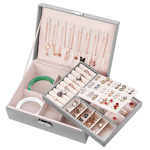 Caja de Joyería para Mujer, Mamowla Cajas Joyero de Organizador de Joyas con Cerradura y 2 Cajones para Collares, Aretes, Pulseras, Anillos, Bolsa Joyería de Cuero de PU para Niñas y Mujeres, Gris Cover