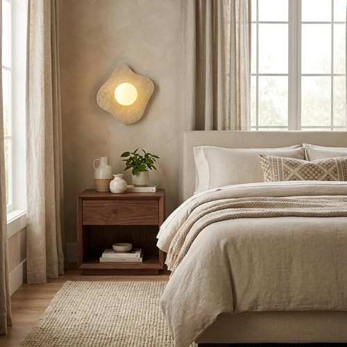 Image of Round Alabaster Wall Sconce, Modern Bathroom Light Fixture with Natural Marble Shade for Bedroom, Hallway, Stairs (Hardwired)