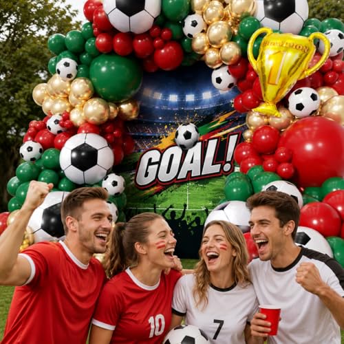 Image of Soccer Party Decorations 160Pcs, World Soccer Balloon Garland Arch Kit with 18'' Football Foil Balloons, Green and Red Football Print Balloons for Boys Sports Fan Birthday Soccer Party Decor
