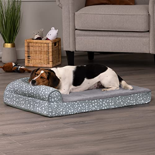 Image of FurHaven Supportive Cooling Memory Foam L Chaise Dog Bed with Washable & Removable Cover - Plush & Almond Print - Gray Almonds, Dogs Up to 35 lbs - Medium