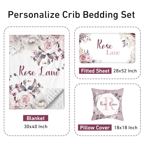 Personalized 3 Piece Baby Crib Bedding Set for Girls, Newborn Baby Toddler Nursery Flower Set with Blanket, Fitted Sheet, Pillowcase, Custom Name Gifts for Girls