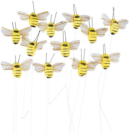 Faux Bumblebees on Wired Stems - Pack of 12 Mushroom Honey Bees for Garden Theme Flower Arrangements, DIY Wreaths and Spring and Summer Decorations (Size:1-1/2" Long)