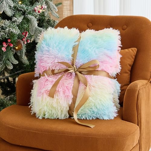 Image of yescool Weighted Blanket for Adults (15 lbs, 60 inch x 80 inch, Rainbow) Heavy Blanket for Sleeping Perfect for 140-160 lbs, Queen Size Faux Fur Blanket with Premium Glass Bead, Machine Washable