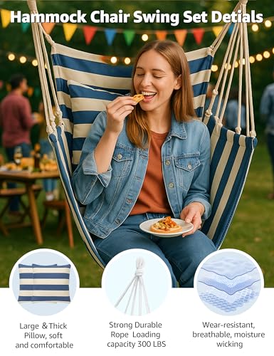 Hammock Chair Swing with Cushions & Pillows, 400 LBS Capacity Hanging Rope Chair, Soft Thick Cotton Hammock Chair for Indoor Outdoor Patio Bedroom Porch Garden (Blue White Stripes)