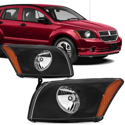 Reinko For 2007 2008 2009 2010 2011 2012 Dodge Caliber R/T SXT SE Headlight Assembly Halogen Black Headlamp Replacement Driver & Passenger Pair set Fit For 07-12 Caliber Head Lights Set