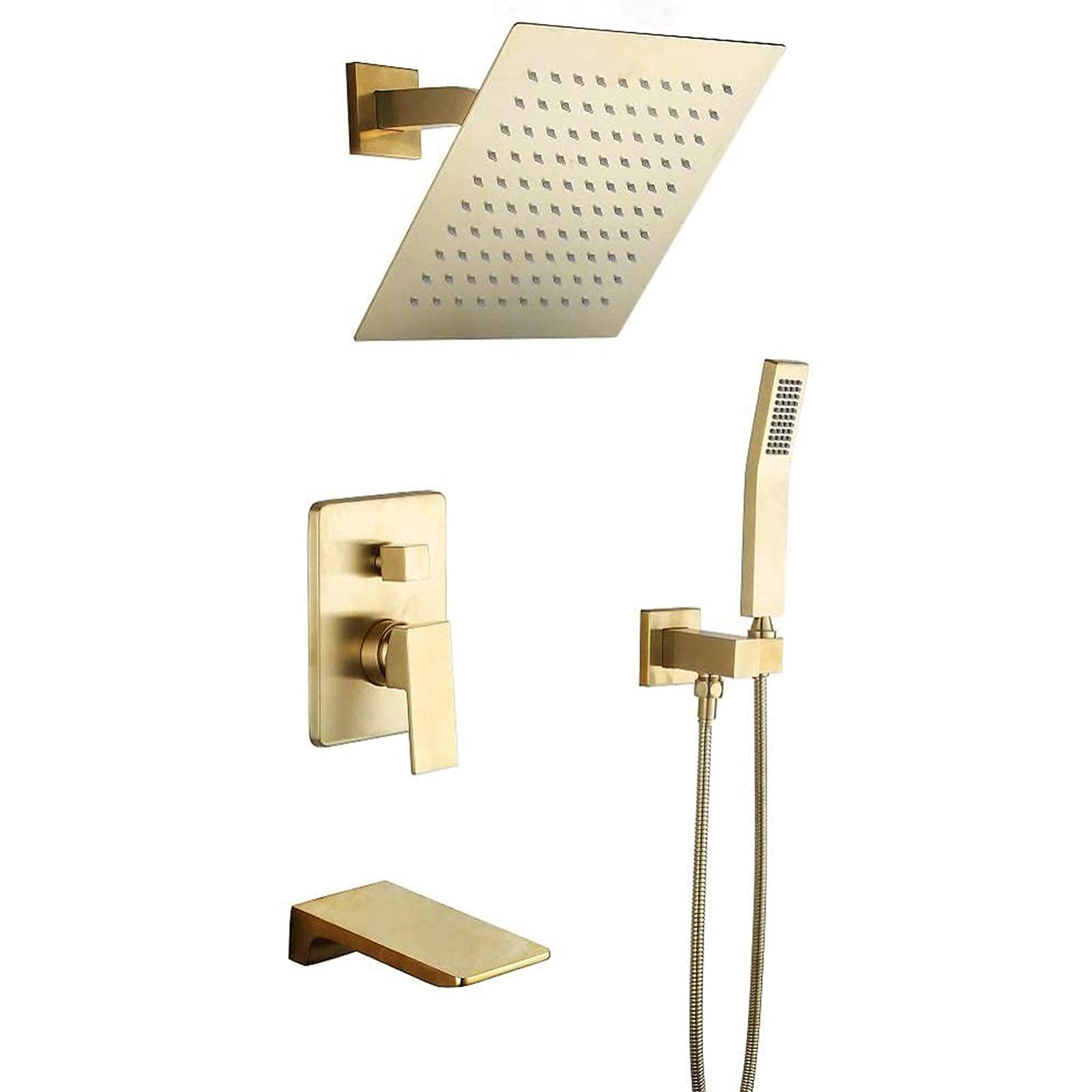 OZBMA Shower Faucets Sets Complete, System with 10'' Rain Head and Waterfall Tub Spout Hand Head, Bathroom Bathtub Set,Brushed Nickel (Borstad Guld A)