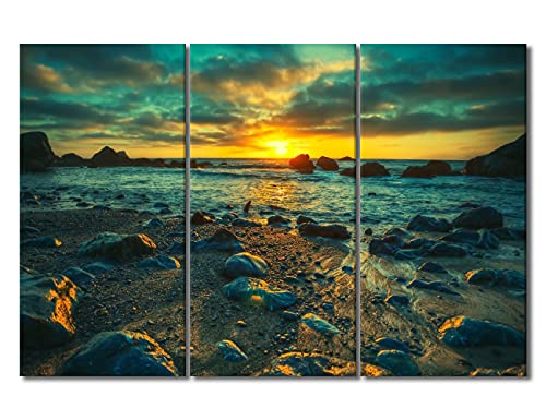 Seascape Artwork for Home Walls Sunset in San Francisco, California Paintings Santa Monica Mountains Seaside Pictures for Living Room 3 Piece Prints on Canvas Wall Art Framed Ready to Hang, 60"Wx40"H
