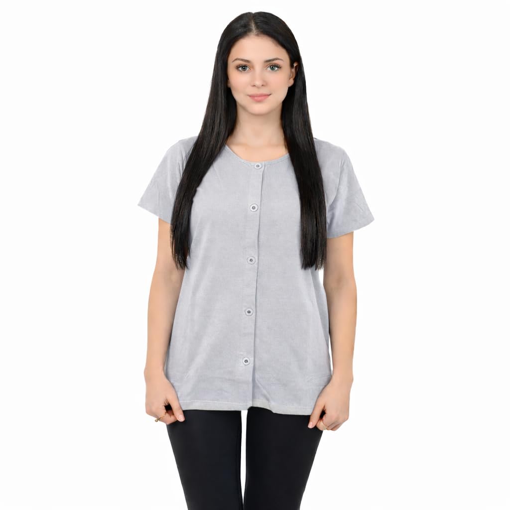 USBD Camisa de cuello redondo con bolsillos de drenaje, cómoda recuperación de mastectomía, soporte postoperatorio para mujer