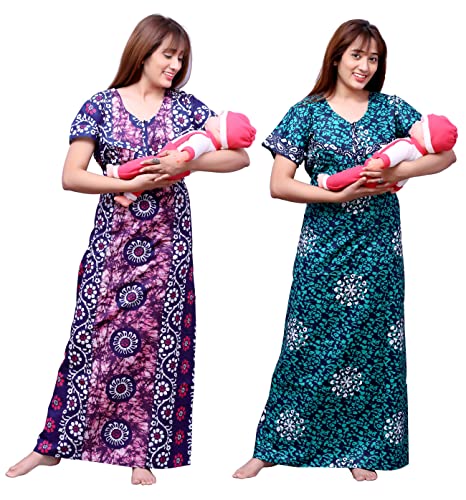 Image of Feeding Nighty in Fine Cotton 2 Side Zips for Feeding Purpose & Neck Buttons for Easy Wearing Soft Cotton Maternity Nighty for Women Feeding Combo Feeding Nighty for Women Cotton Combo of 2Pcs