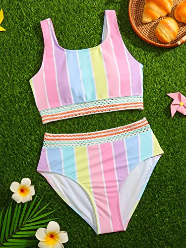 Milumia Girl 2 Piece Striped Bikini Swimsuit Contrast Mesh Scoop Neck Bathing Suit3