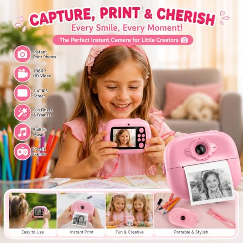 Image of DIY Instant Print Mini Camera for Kids & Adults | Thermal Paper Printing Camera | 2.4 inch HD Screen | SD Card Support, Video Recording, Games & Music Player
