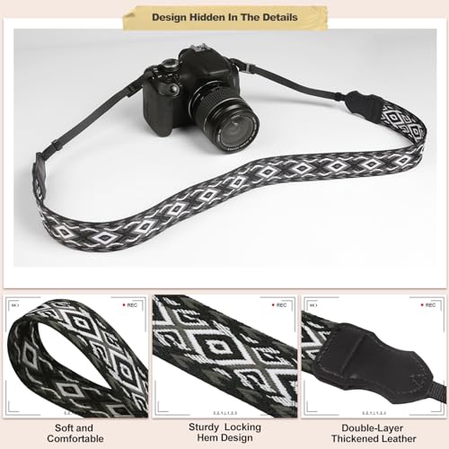 Image of Universal Camera Strap - Camera Neck Strap, Adjustable Shoulder Straps Compatible with Canon, Fujifilm, Nikon, Olympus, Panasonic and other SLR and mirrorless cameras - Black Grey White Rhombus