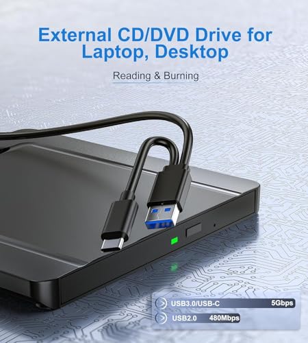 Image of External CD DVD Drives, External CD Player for Laptop with USB 3.0 | USB C Portable DVD + /-RW Reader Writer+Carry Bag, CD Burner External Disk Drive Compatible with Desktop Mac,Windows 11 /10 /8 /7
