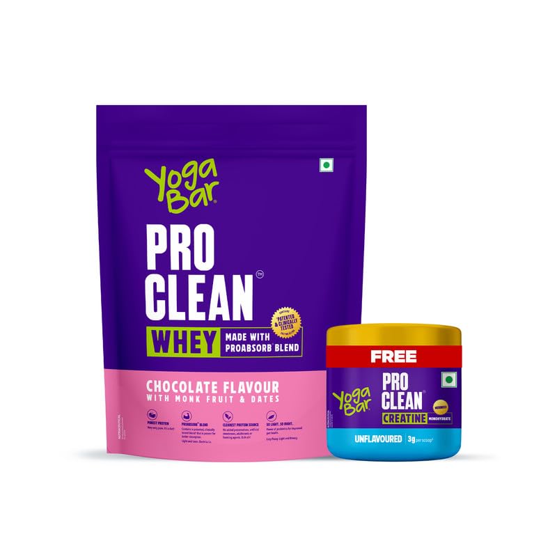 Image of Yogabar Pro Clean Whey Protein Chocolate with Monk Fruit & Dates | 25g Protein per Serve | Made with ProAbsorb Blend | 680g + Free Pro Clean Creatine 100g | Unflavoured Monohydrate