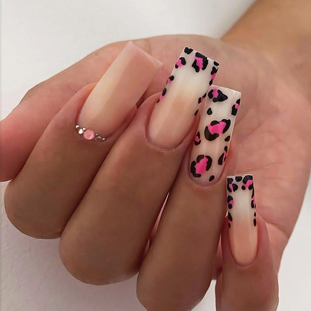 24Pcs Coffin Leopards French Fake Nails Acrylic False Nails,Artificial Nails Glues on Nails for Women
