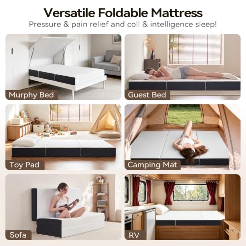 Image of Foldable Mattress Queen - 6 Inch Tri Fold Memory Foam Folding Bed with Washable Cover, Non-Slip Bottom, Portable Floor Mattress for RV, Guest Room, Camping, No Fiberglass Fireproof Core, 78 inchx58 inchx6 inch