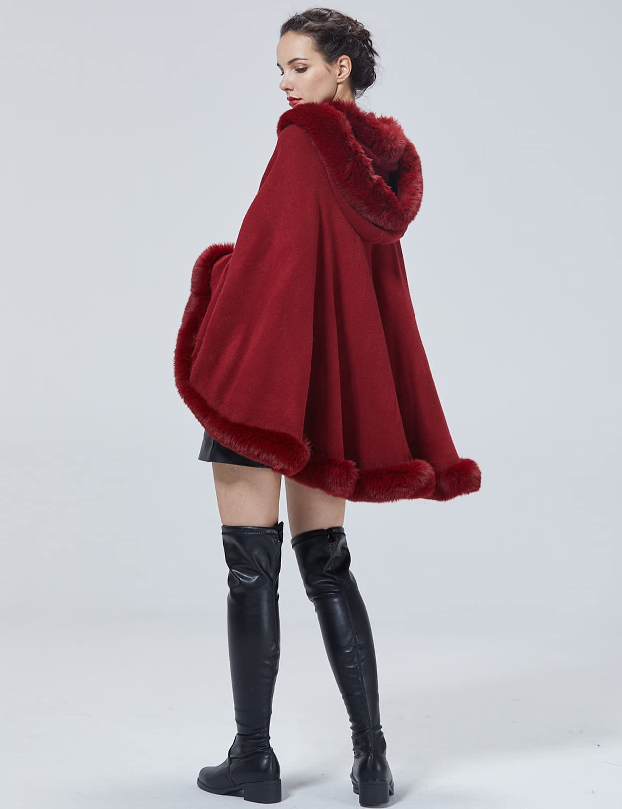 SUFCOMOU Poncho Hooded Shawl Wrap Women Cape Winter Faux Fur Trim Coat Sleeveless Cardigan Dressy Cloak for Party