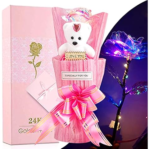 Mom Gifts, Light Up Rose Flowers, Rainbow Artificial Rose Love with Cute Bear and Gift Box, Gifts Ideas for Her, Eternal Flowers for Mothers Day, Valentines, Thanksgiving, Birthday, Anniversary Cover