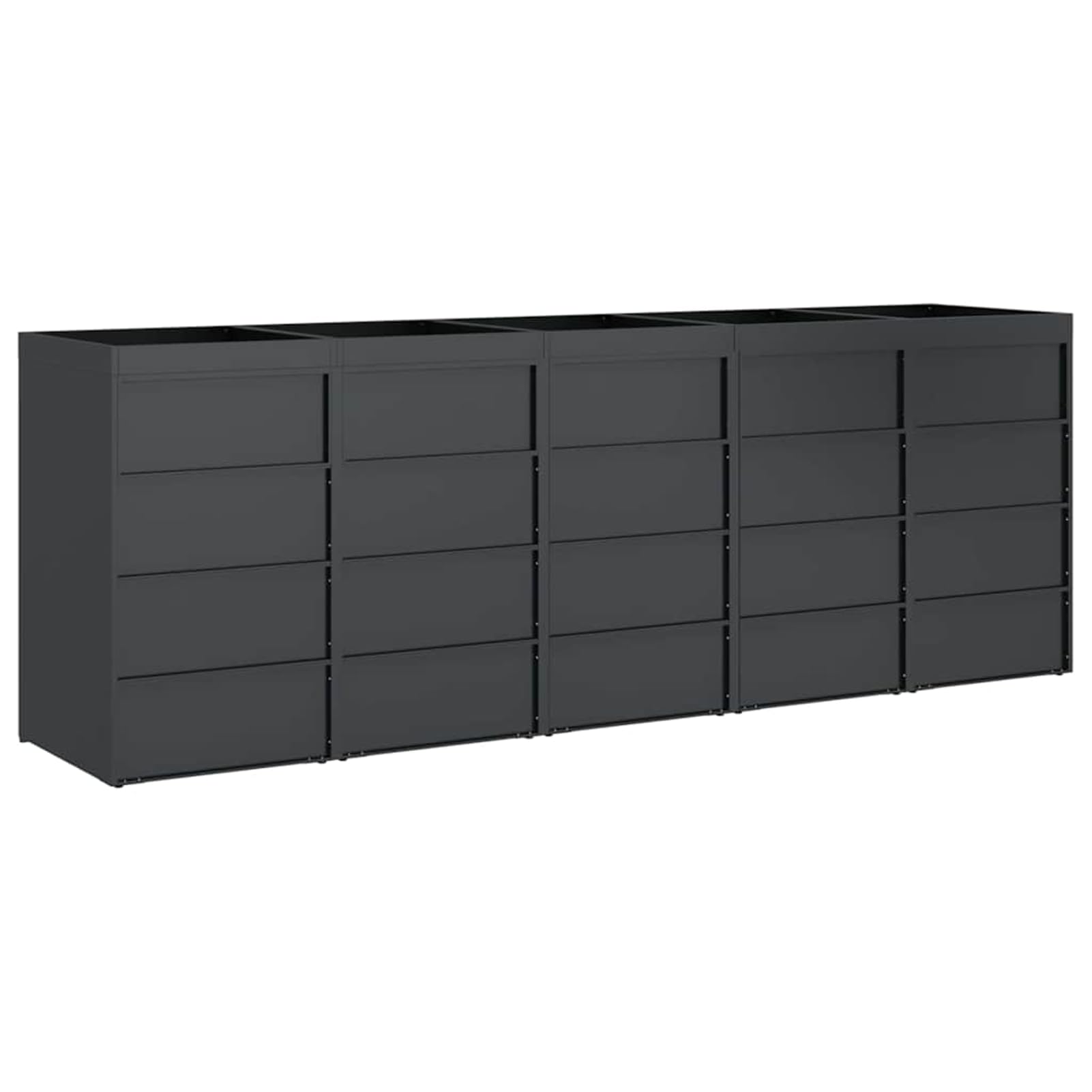Pojemnik na odpady do wózka 5 x 120/240 l – stalowy pojemnik na śmieci w kolorze antracytowym (340 x 77,5 x 121,5 cm), możliwość rozszerzenia, wentylowany, z drzwiami magnetycznymi i dachem na rośliny