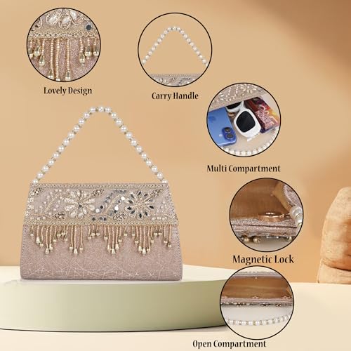 Image of Nevis Women's Embellished Clutch with Pearl Handle | Fancy Designe & Wedding Potli Bag for Festive & Evening