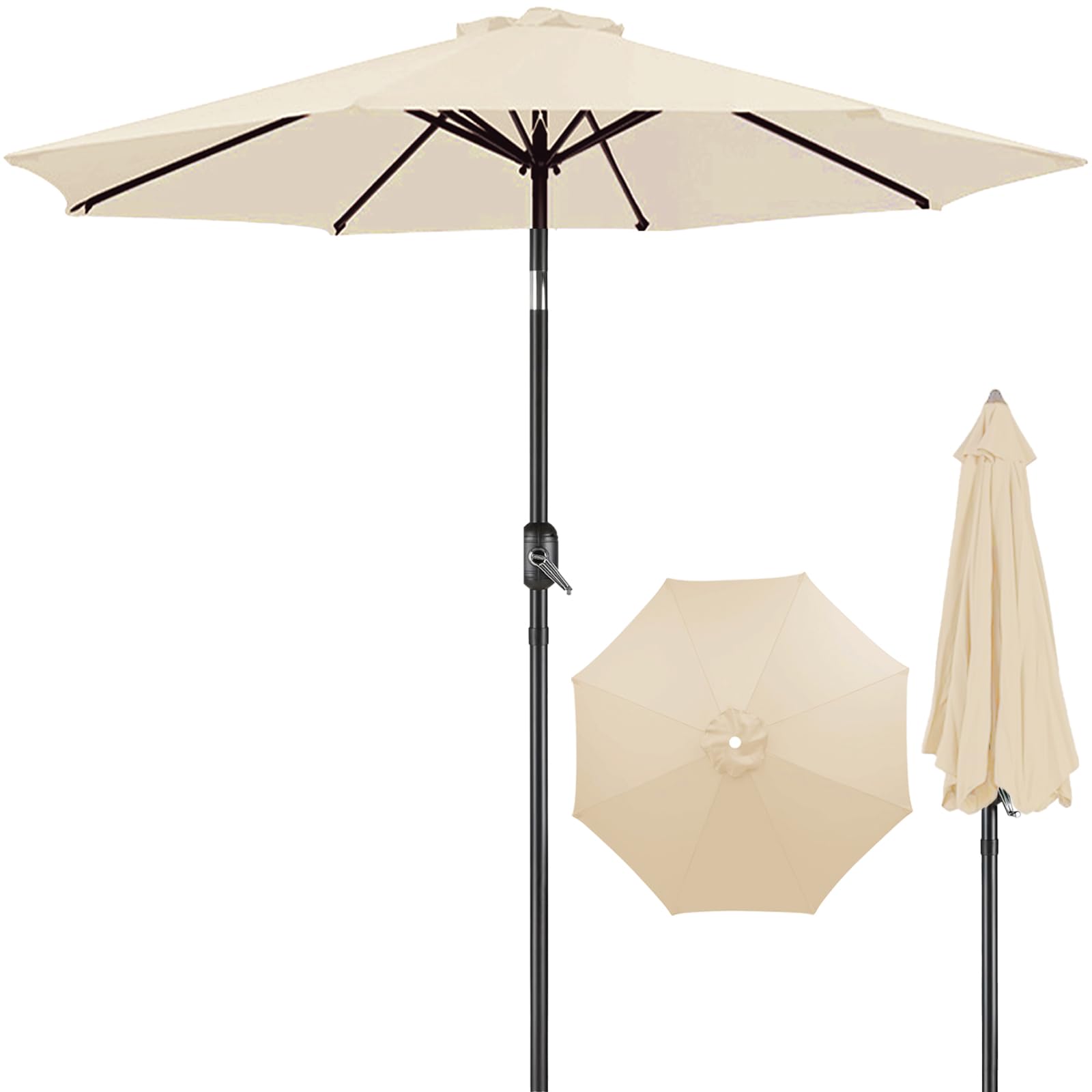 2.7/3M Garden Parasol Umbrella, Outdoor Table Umbrellas with Push Button Tilt and Crank, with 8 Sturdy Ribs, UV Protection Waterproof for Garden, Deck, Backyard, Pool(Beige,2.7m with Tilt)