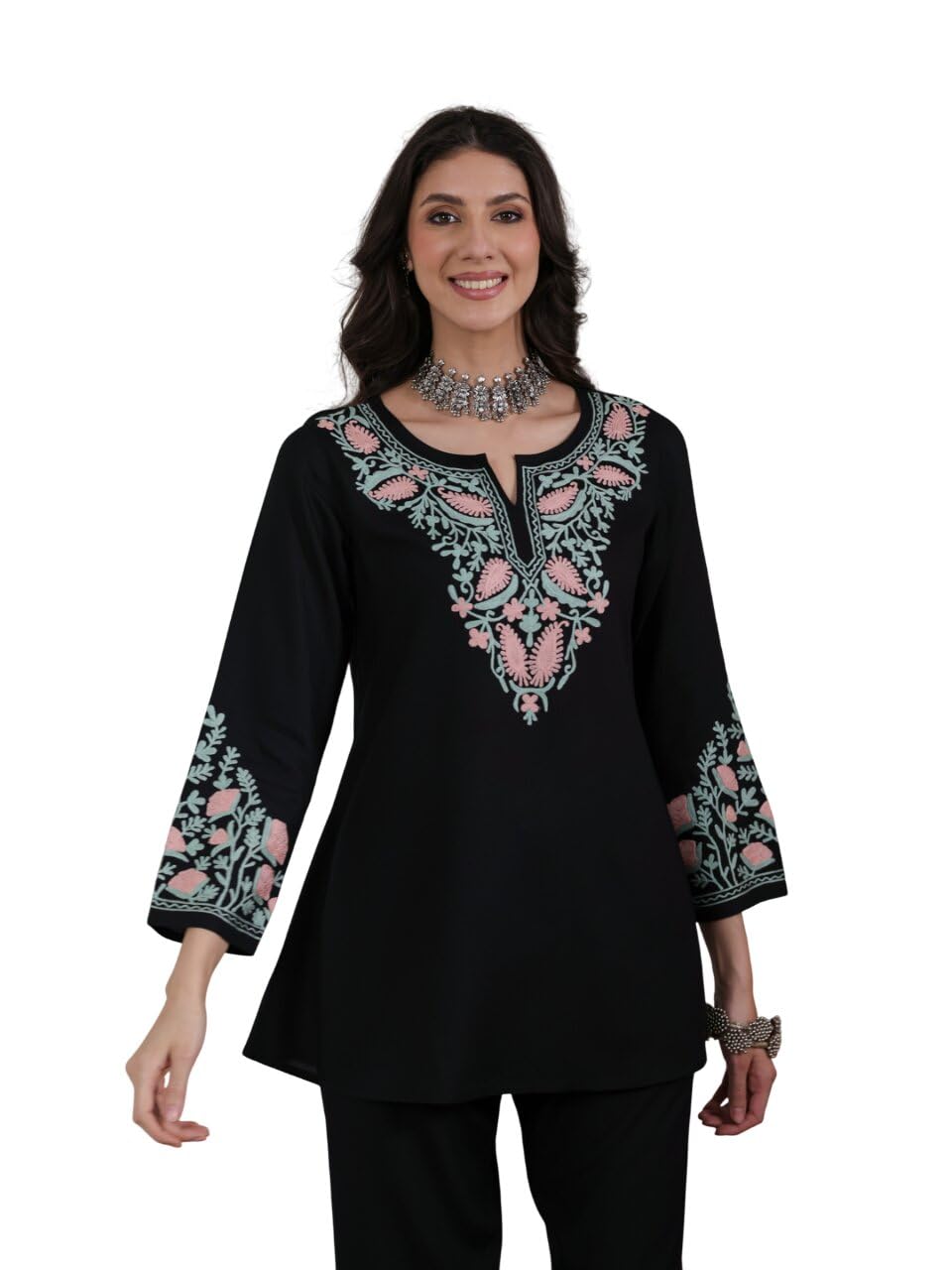 qazmi Women Aari Embroidered Viscose Rayon A-Line Short Kurti with Full Sleeves-picture-41