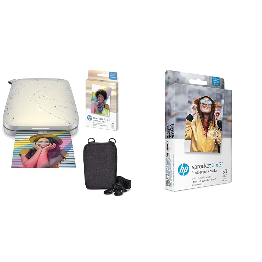 HP , Farbig, Sprocket Select Tragbarer Sofortbilddrucker mit 2,3 x 3,4 Zoll (Weiß) Zink-Papierbündel & 2x3 Premium Zink Fotopapier (50 Blatt), kompatibel mit tragbarem Kettenrad-Fotodrucker