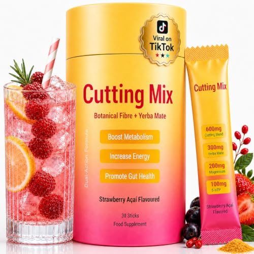 Cutting Mix Drink Botanical Fibre & Yerba Mate & Magnesium | Supports Satiety Signaling Gut Health & Energy | Vegan Sugar-Free Non-GMO | Strawberry Flavor 30 Servings