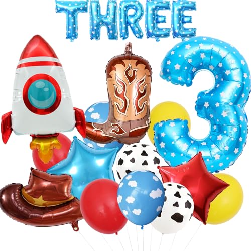 19pcs Cartoon Toy Themed Party Decorations, Number 3rd Boys And Girls Birthday Party Supplies, Cowboy Hat Boots Rocket Mylar Foil Balloon, Red Blue Yellow Balloons With Cow Print (3rd)