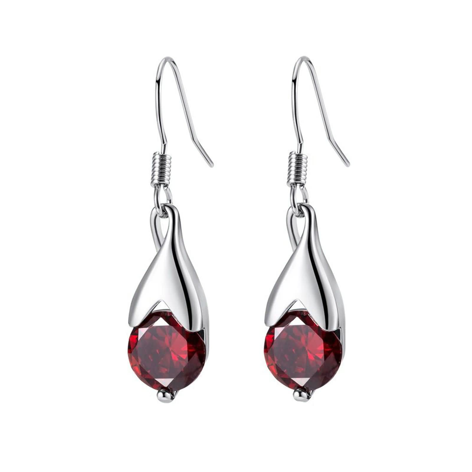 Pendientes de Oro Blanco para Mujer 9K / 14K / 18K, Gota de Agua con Rubí Creado, Colgantes Pendientes de Mujer Plata Rojo