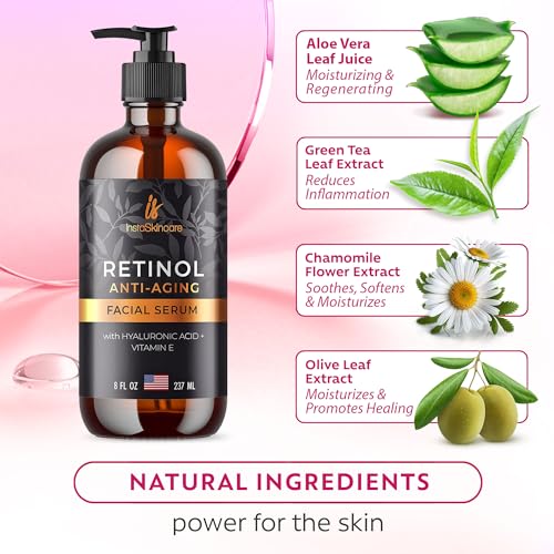 Retinol Serum for Face with Hyaluronic Acid + Vitamin E and A + Aloe Vera (8Oz) - Anti-Aging Serum Pore Tightener Fade Dark Spots Clinical Strength Formula by InstaSkincare