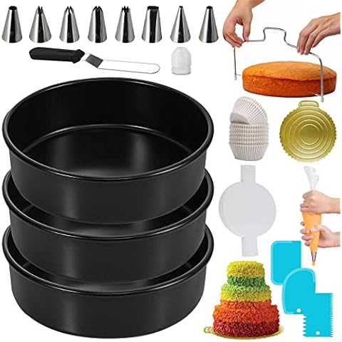 RFAQK 133PCs Round Cake Pans Sets for Baking-Nonstick 8 Inch Cake Pan Set of 3 with Parchment Papers,Cake Leveler,Icing Tips,Muffin Liners,Icing Bags,Coupler ,Scrapper,Icing Spatula and Cake Board Cover