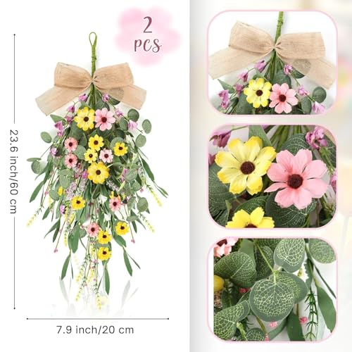 22" Artificial Spring Summer Swag Wreath 2Pcs Spring Summer Floral Teardrop Swags for Front Door Farmhouse Kitchen Cabinet Wreaths with Ribbon Faux Flowers Hanging Wreaths for Porch Wall Window Decor - Image 4