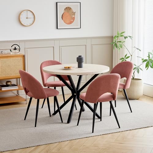 DEYARNA HOME Juego de Mesa de Comedor Redonda (Imitación de Travertino) con 4 Sillas Tapizadas (Felpa de Pelo Corto), para Comedor, Restaurante y Oficina (Rosa)