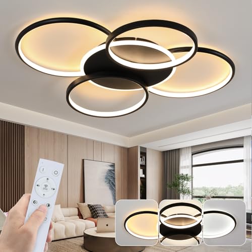 GBLY Deckenlampe LED Deckenleuchte Wohnzimmer: Wohnzimmerlampe Dimmbar 70W mit Fernbedienung 5-Ringen Schwarz Schlafzimmerlampe Modern Acryl Deckenbeleuchtung für Büro Schlafzimmer Esszimmer