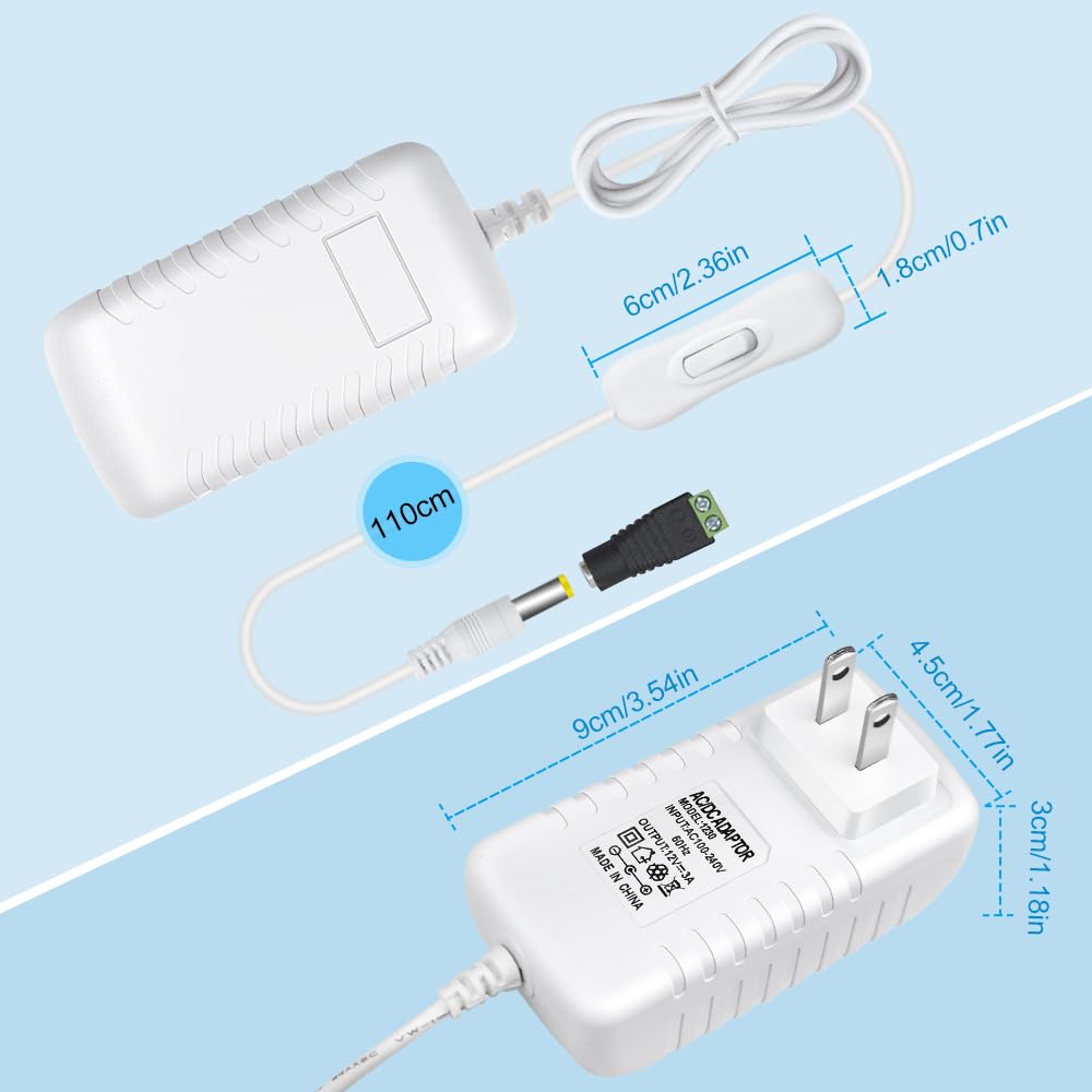 12V 3A 36W Power Supply Adapter - AC To DC Converter For LED Strip Lights, Routers, Cameras & More - Includes 5.5/2.1mm Connector