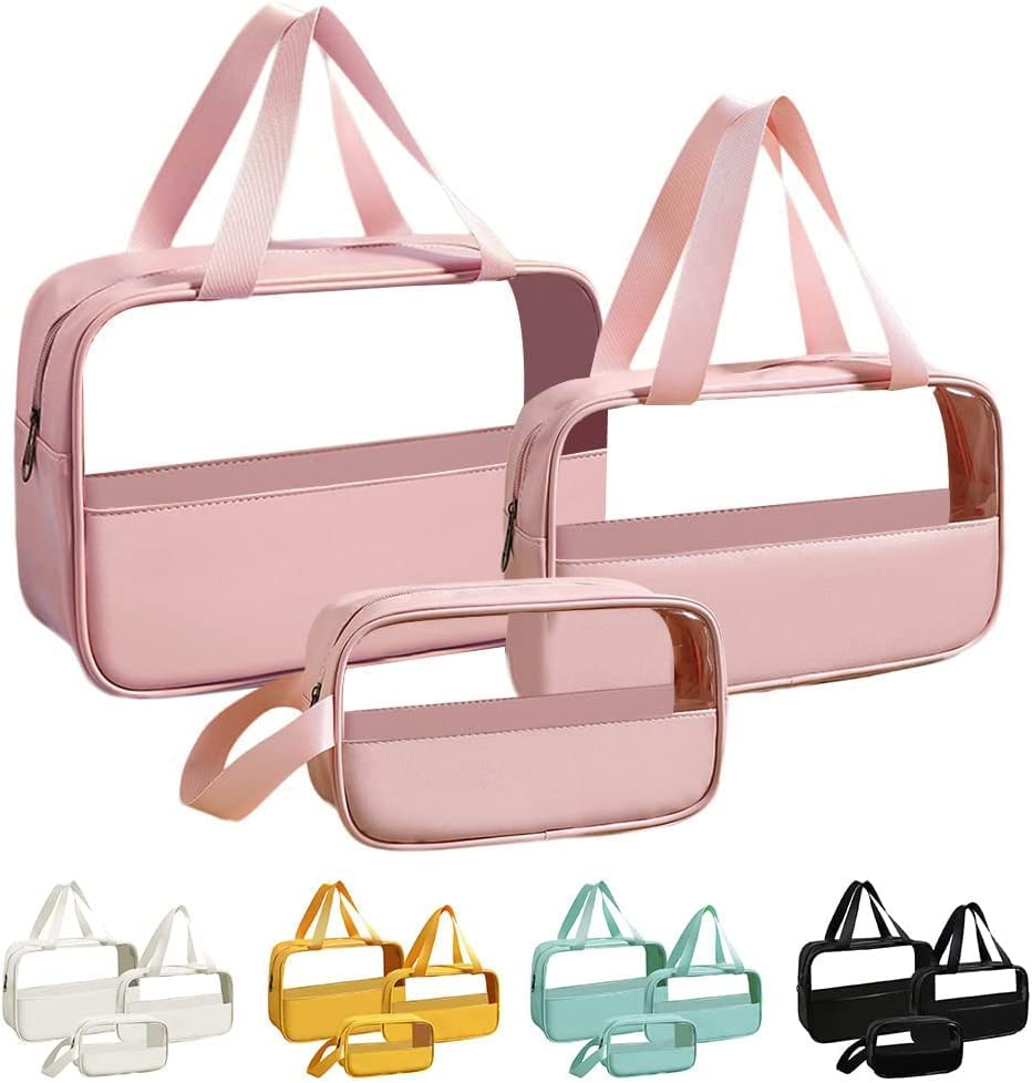 Image of Waterproof Toiletry Bag for Men and Women Travel Toiletry Bag Transparent Makeup Bag Hanging Cosmetic Organizer Bag (Set of 3 Bag) (Pink)
