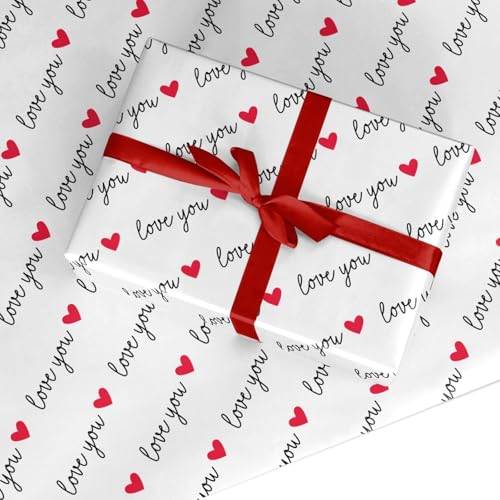 Love You Heart Wrapping Paper - Wedding Anniversary Birthday Valentines Day Gift Wrap for Couples Women and Men - Red Heart and Black Script Design Present Paper Made in the UK - 2 Sheets (50x70cm)