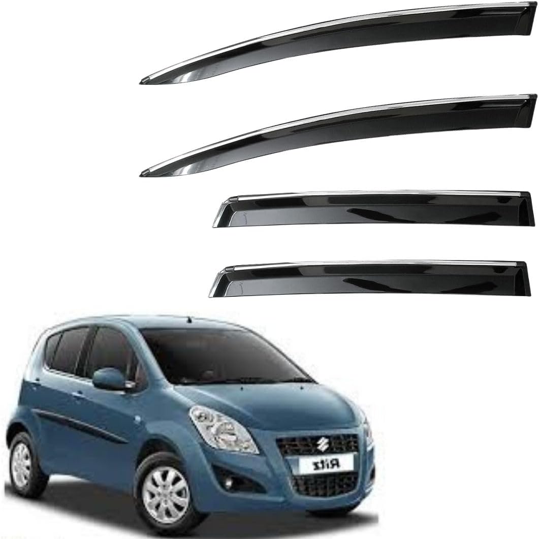 CAR SAAZ Unbreakable Chrome Smoke Door Visor for Ritz (2013-2017)| Premium Sun, Rain Wind Deflector Chrome Strip Side Door Rain Visor – Set of 4 Pcs