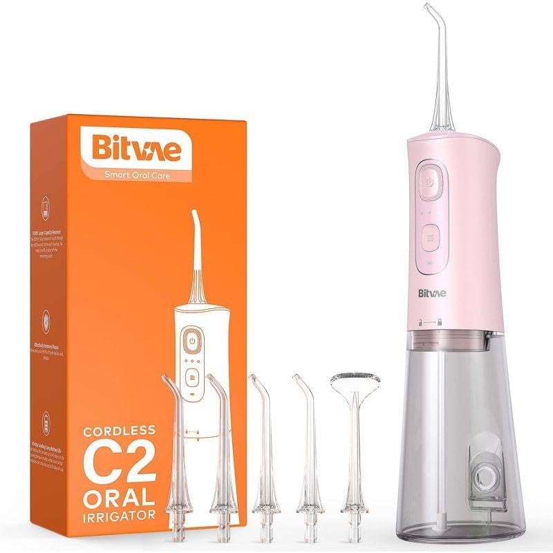 Bitvae Water Dental Flosser Teeth Picks, Cordless Portable Oral Irrigator, Powerful and Rechargeable Oral Irrigator, Brace Care, IPX7 Waterproof Water Dental Picks for Cleaning, Quartz Pink