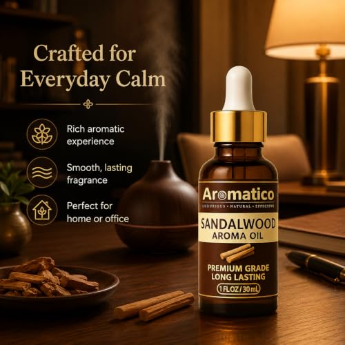Image of AROMATICO Sandalwood Diffuser Oil, Pure Chandan Fragrance for Aromatherapy, Meditation & Calmness | Versatile Use in Diffusers, Air Fresheners | 30ml.