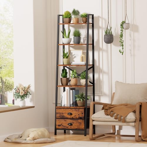 Furologee 5-Tier Ladder Shelf With 2 Drawers,Narrow Bookshelf Storage Shelves,Industrial Bookcase Freestanding Shelf Units For Bedroom,Living Room,Bathroom,Home Office,Balcony,Wood Metal,Rustic Brown thumb #8
